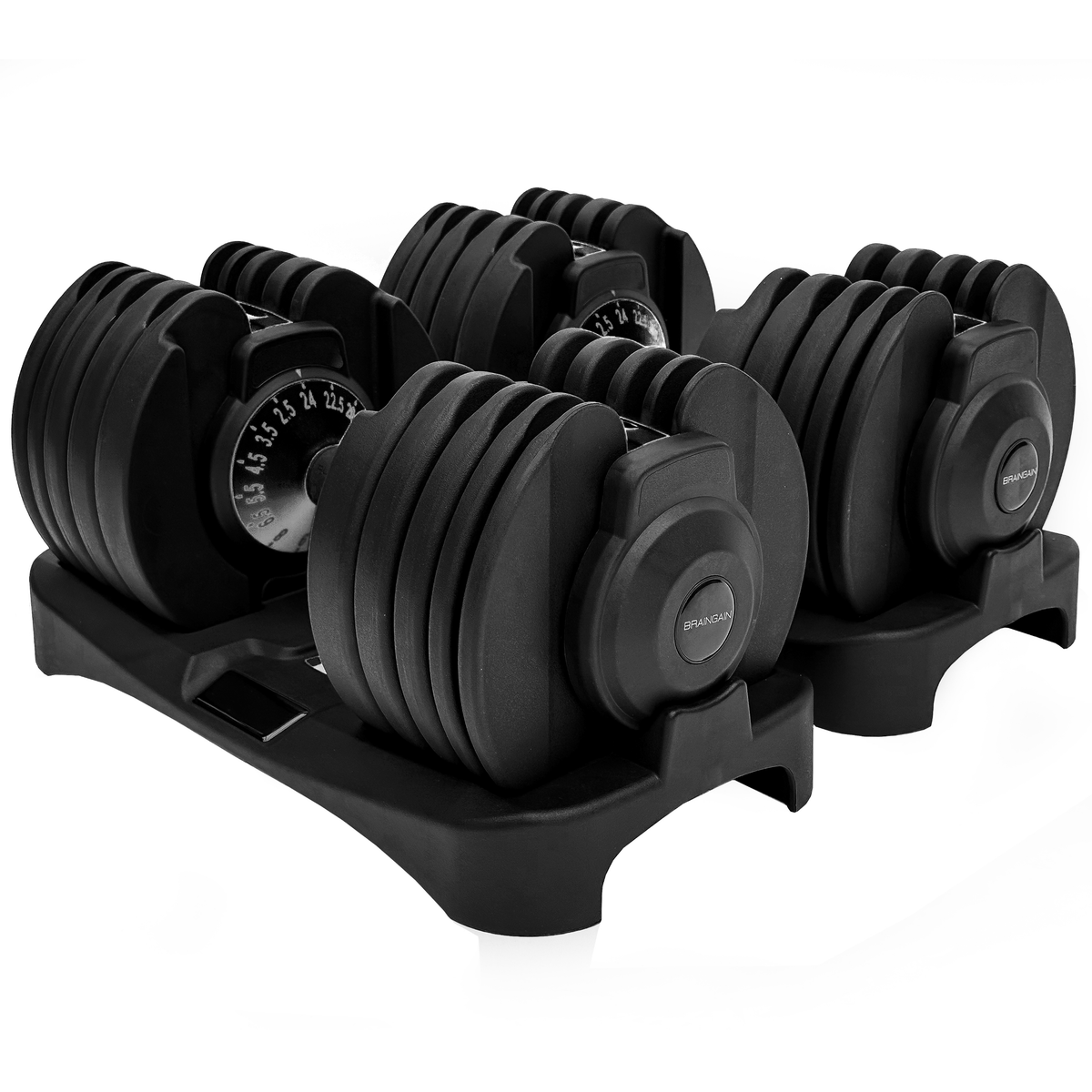 BrainGain SmartBells 24kg black dial adjustable dumbbells in their cradle