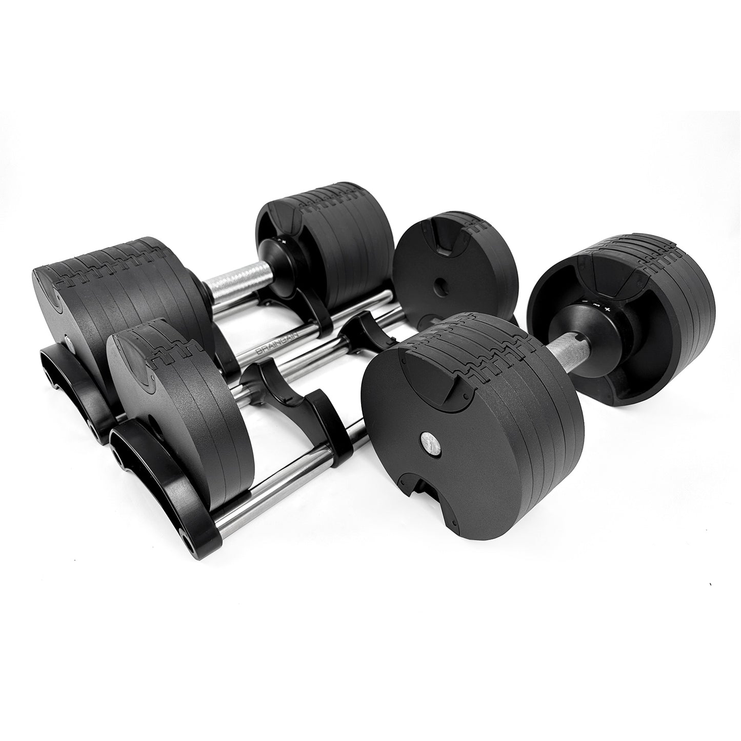 BRAINGAIN 45kg Round Adjustable Dumbbell Action Shot Showing Mechanism Two Units Side by Side